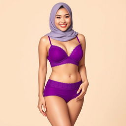 A beautiful Chinese woman in a hijab, featuring braces on her teeth and a slightly curvy figure