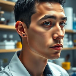 A close-up of a slender light-skinned male scientist in a laboratory, featuring short black hair and an ear piercing