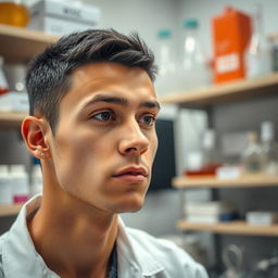 A close-up of a slender light-skinned male scientist in a laboratory, featuring short black hair and an ear piercing