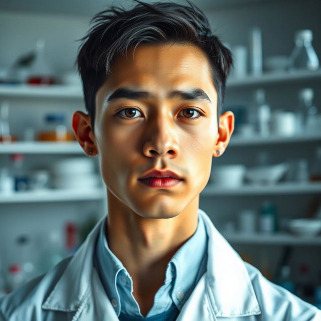 A close-up of a slender light-skinned male scientist in a laboratory, featuring short black hair and an ear piercing