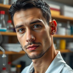 A close-up of a slender light-skinned male scientist in a laboratory, featuring short black hair and an ear piercing