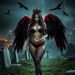A captivating photograph of a beautiful young woman with very long black, red, and silver hair, featuring a sweet, soft face adorned with dark gothic makeup