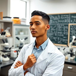 A slender light-skinned male scientist posing confidently in a laboratory