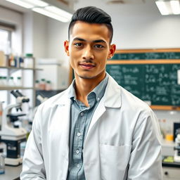 A slender light-skinned male scientist posing confidently in a laboratory