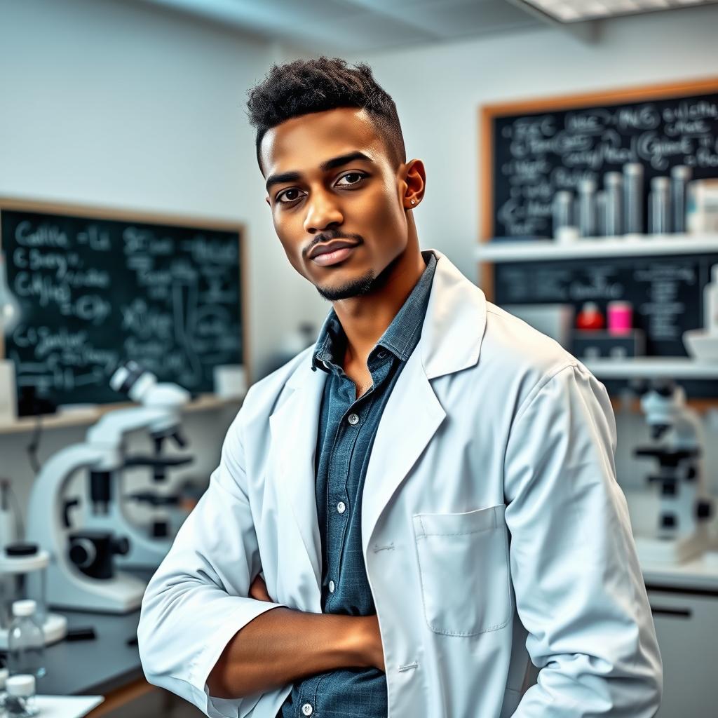 A slender light-skinned male scientist posing confidently in a laboratory