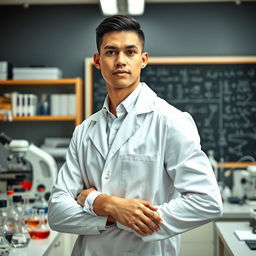A slender light-skinned male scientist posing confidently in a laboratory