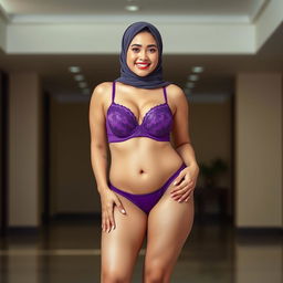 A beautiful Chinese woman in a hijab, showcasing a voluptuous figure with braces on her teeth