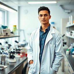 A slender light-skinned male scientist posing confidently in a laboratory setting