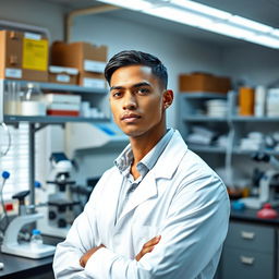 A slender light-skinned male scientist posing confidently in a laboratory setting