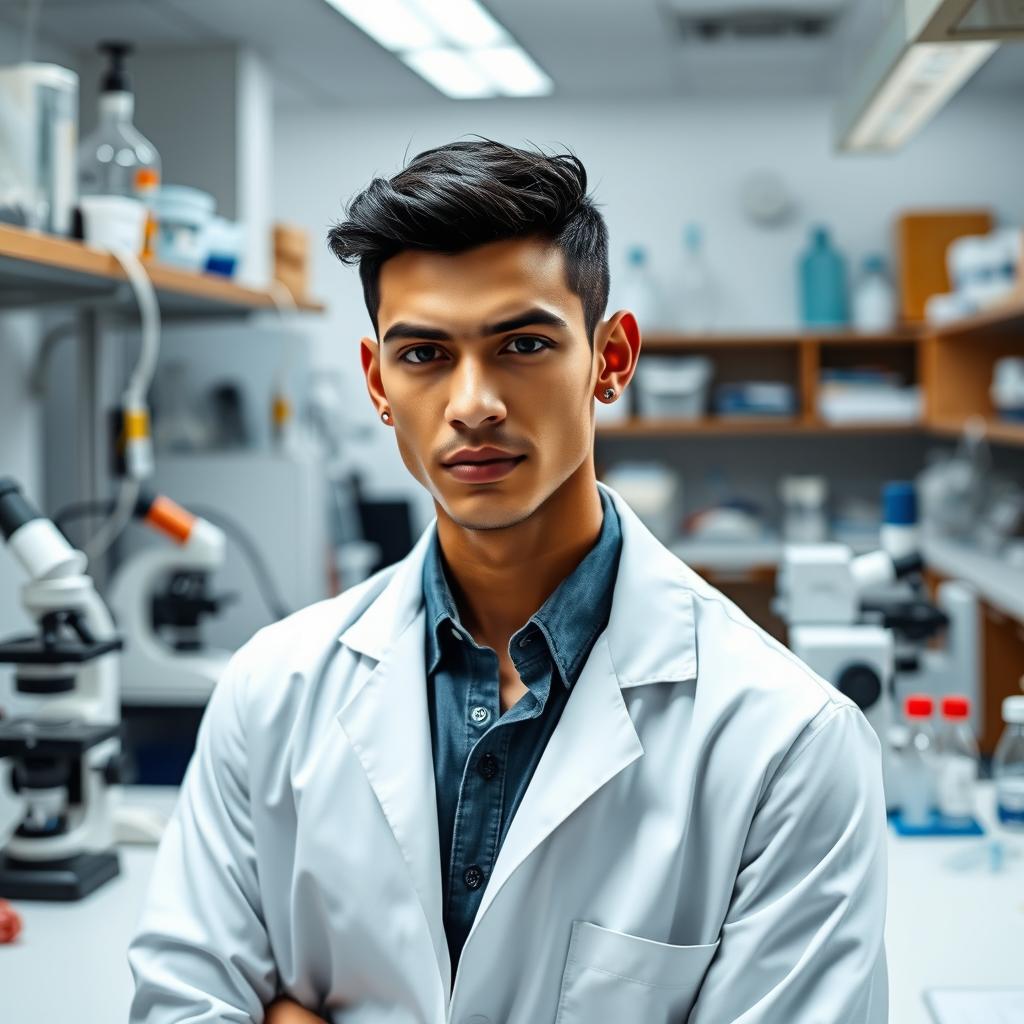 A slender light-skinned male scientist posing confidently in a laboratory setting