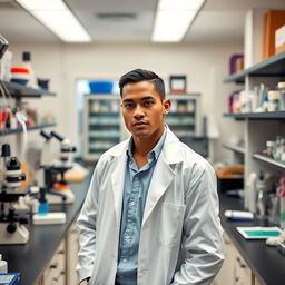 A slender light-skinned male scientist posing confidently in a laboratory setting