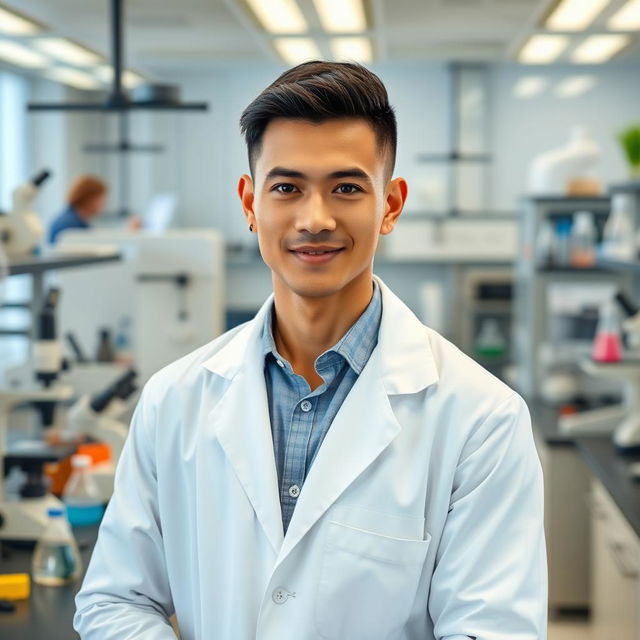 A slender light-skinned male scientist posing confidently in a laboratory setting