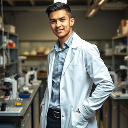 A slender light-skinned male scientist posing confidently in a laboratory setting