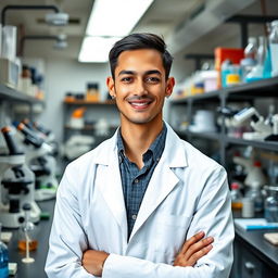 A slender light-skinned male scientist posing confidently in a laboratory setting