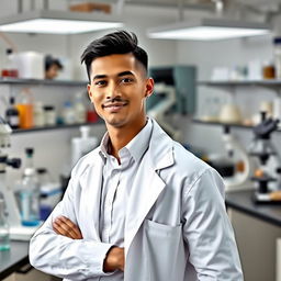 A slender light-skinned male scientist posing confidently in a laboratory setting