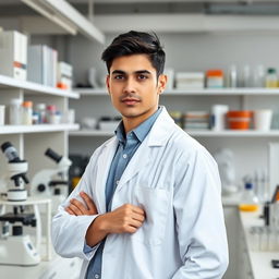 A slender light-skinned Argentine male scientist posing confidently in a laboratory