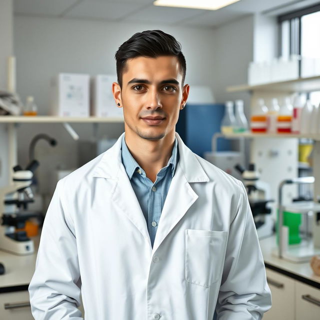 A slender light-skinned Argentine male scientist posing confidently in a laboratory