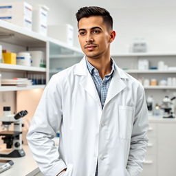 A slender light-skinned Argentine male scientist posing confidently in a laboratory