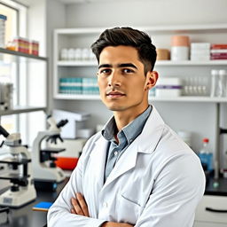 A slender light-skinned Argentine male scientist posing confidently in a laboratory
