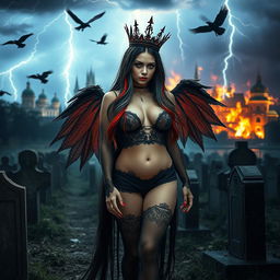 A captivating photograph of a beautiful young woman with long black, red, and silver hair, showcasing a sweet, soft face enhanced by dark gothic makeup
