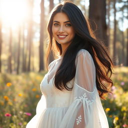 A stunning portrait of a beautiful woman with long flowing black hair, standing in a sunlit forest
