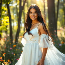 A stunning portrait of a beautiful woman with long flowing black hair, standing in a sunlit forest