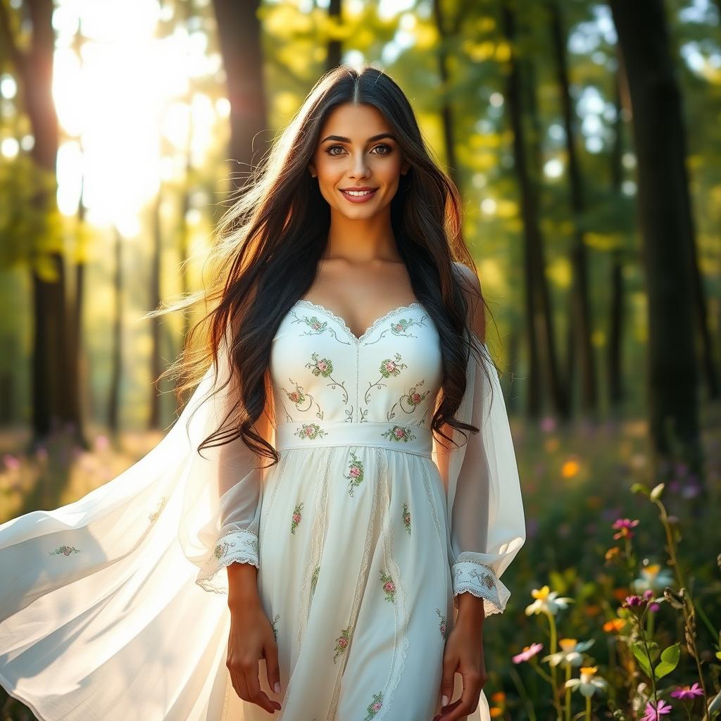 A stunning portrait of a beautiful woman with long flowing black hair, standing in a sunlit forest