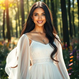 A stunning portrait of a beautiful woman with long flowing black hair, standing in a sunlit forest