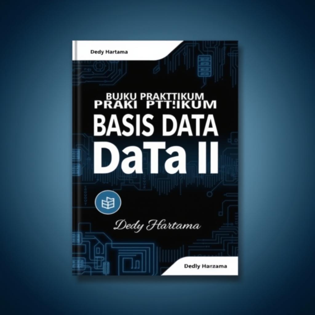 An A4 book cover design for 'Buku Praktikum Basis Data II' by author Dedy Hartama