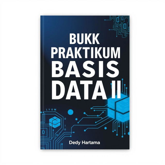 An A4 book cover design for 'Buku Praktikum Basis Data II' by author Dedy Hartama