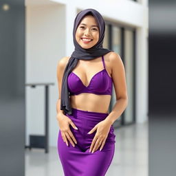 A beautiful Chinese woman in a hijab, smiling charmingly with braces on her teeth