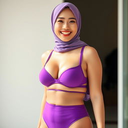 A beautiful Chinese woman in a hijab, smiling charmingly with braces on her teeth