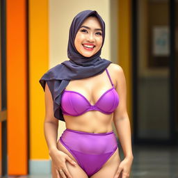 A beautiful Chinese woman in a hijab, smiling charmingly with braces on her teeth