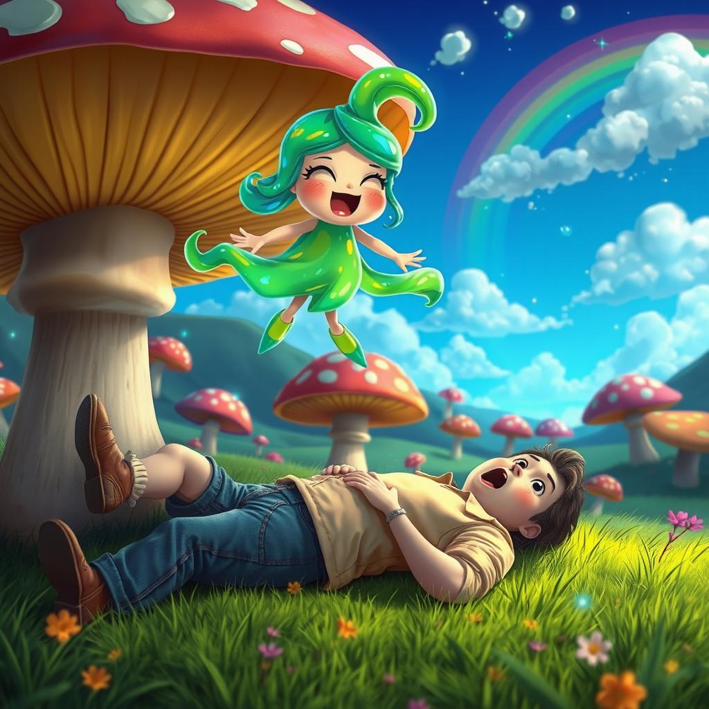 A fantasy scene featuring a colorful, whimsical slime girl with vibrant green and blue hues, playfully hovering above a surprised man lying down, with a cheeky expression