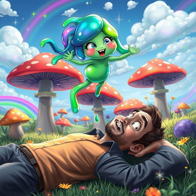 A fantasy scene featuring a colorful, whimsical slime girl with vibrant green and blue hues, playfully hovering above a surprised man lying down, with a cheeky expression