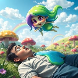 A fantasy scene featuring a colorful, whimsical slime girl with vibrant green and blue hues, playfully hovering above a surprised man lying down, with a cheeky expression