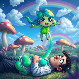 A fantasy scene featuring a colorful, whimsical slime girl with vibrant green and blue hues, playfully hovering above a surprised man lying down, with a cheeky expression