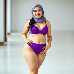 A beautiful Chinese woman in a hijab, smiling charmingly with braces on her teeth, featuring a curvy and fuller figure