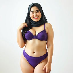 A beautiful Chinese woman in a hijab, smiling charmingly with braces on her teeth, featuring a curvy and fuller figure