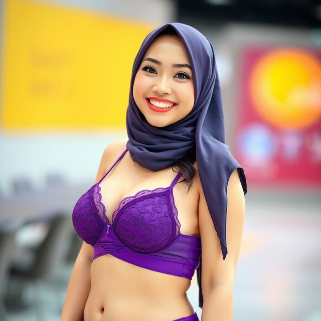 A beautiful Chinese woman in a hijab, smiling charmingly with braces on her teeth, featuring a curvy and fuller figure