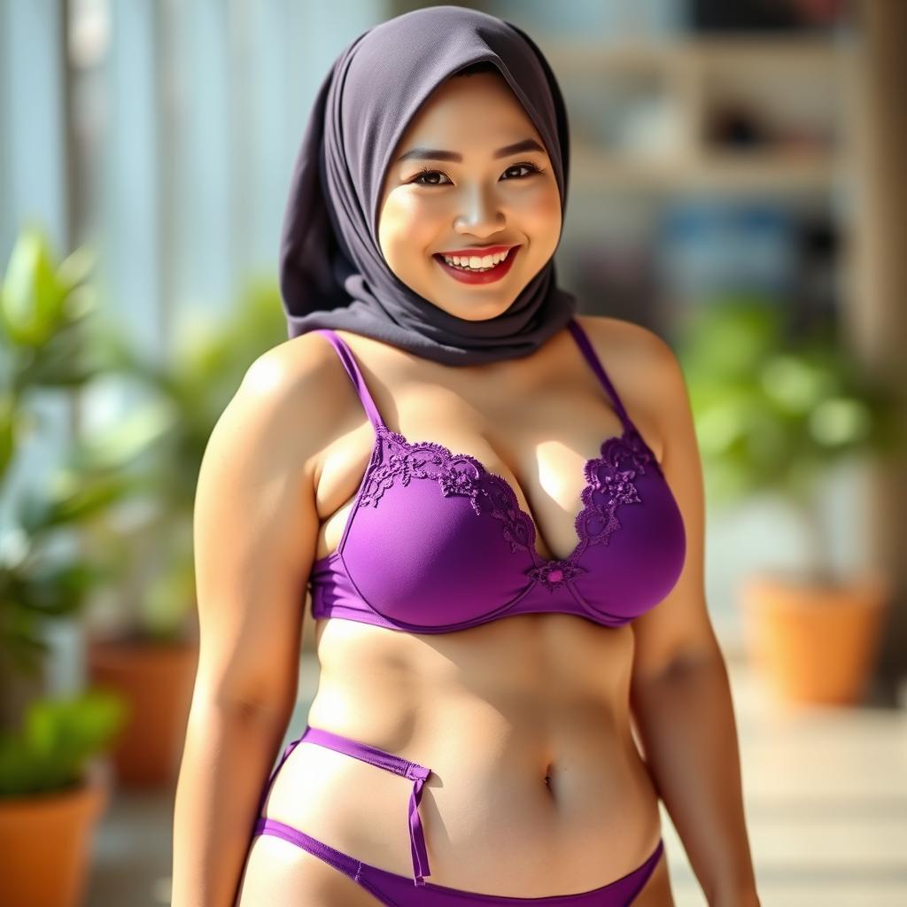 A beautiful Chinese woman in a hijab, smiling charmingly with braces on her teeth, featuring a curvy and fuller figure