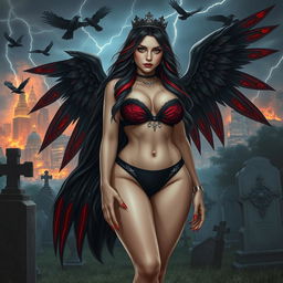A stunning, curvy girl with very long black, red, and silver hair, exuding a sense of beauty and innocence