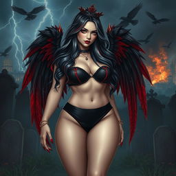 A stunning, curvy girl with very long black, red, and silver hair, exuding a sense of beauty and innocence