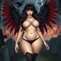 A stunning, curvy girl with very long black, red, and silver hair, exuding a sense of beauty and innocence