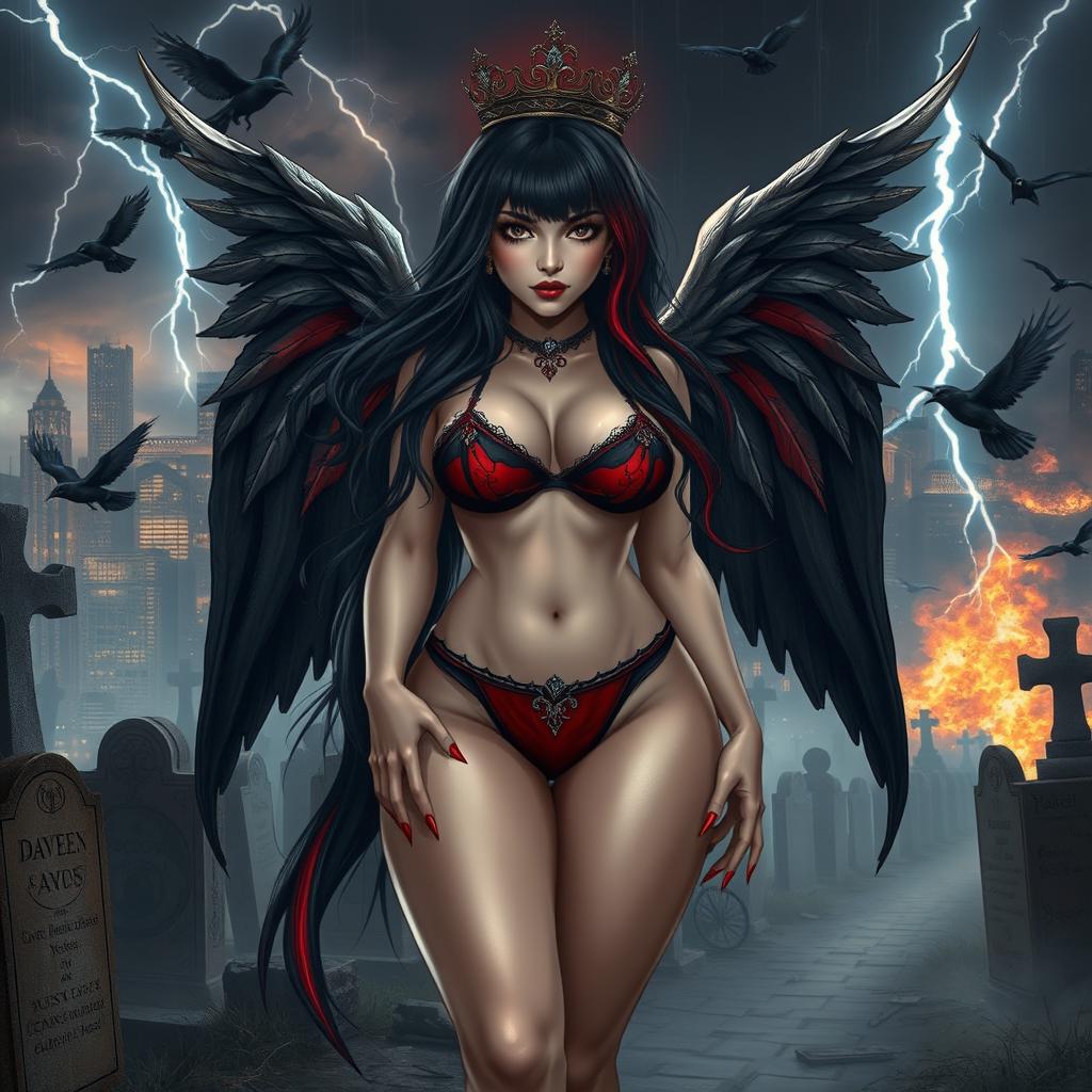 A stunning, curvy girl with very long black, red, and silver hair, exuding a sense of beauty and innocence