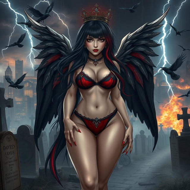 A stunning, curvy girl with very long black, red, and silver hair, exuding a sense of beauty and innocence