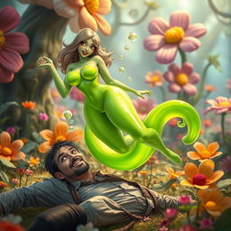 A humorous and playful fantasy scene featuring a sultry slime girl with alluring curves and bright green translucent skin, playfully hovering above a man with a surprised expression, who is lying on the ground