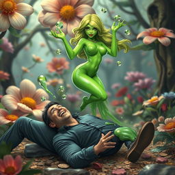 A humorous and playful fantasy scene featuring a sultry slime girl with alluring curves and bright green translucent skin, playfully hovering above a man with a surprised expression, who is lying on the ground