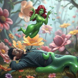 A humorous and playful fantasy scene featuring a sultry slime girl with alluring curves and bright green translucent skin, playfully hovering above a man with a surprised expression, who is lying on the ground