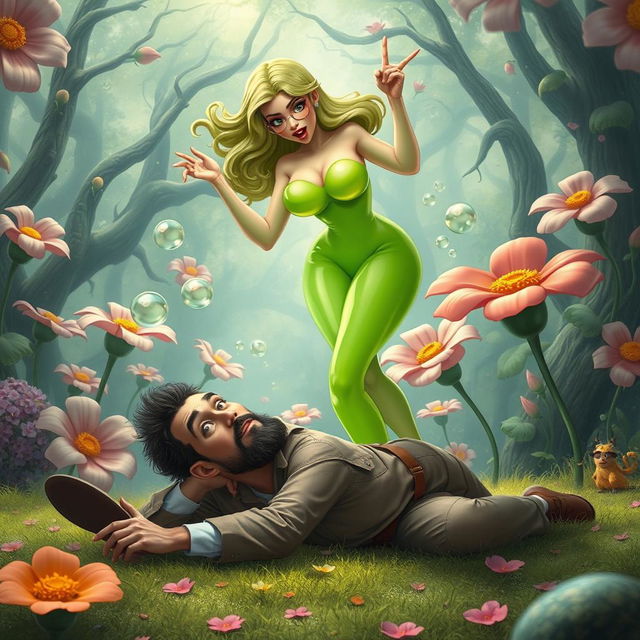 A humorous and playful fantasy scene featuring a sultry slime girl with alluring curves and bright green translucent skin, playfully hovering above a man with a surprised expression, who is lying on the ground